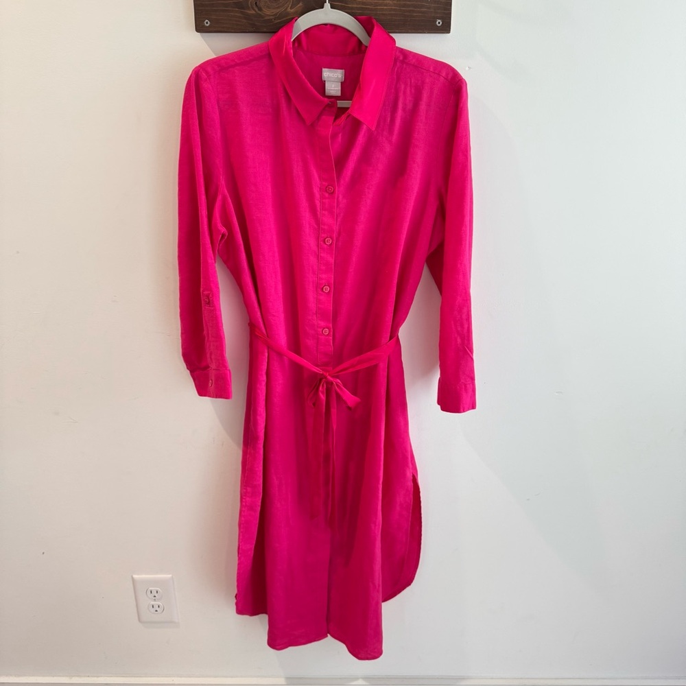 Chicos Hot‎ Pink Linen Blend Tunic Shirtdress Size 2 (US 12/14)